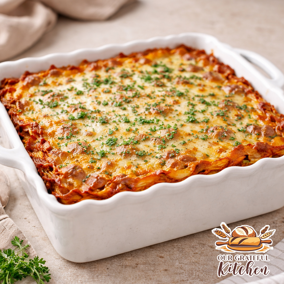 Easy lasagna baked in a white scalloped ceramic dish with melted cheese and fresh herbs