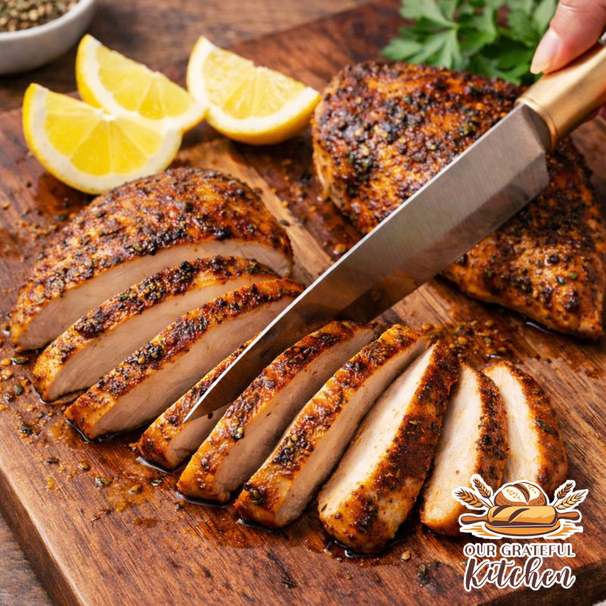 Juicy seasoned chicken breasts being sliced on a rich wooden cutting board with lemon wedges and simple seasonings in the background.