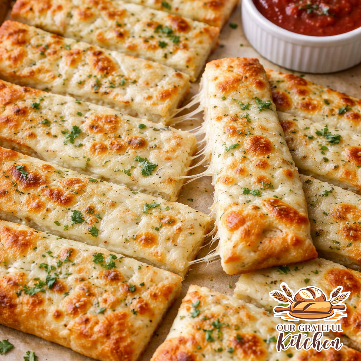 Top-down view of cheesy garlic breadsticks cut into pull-apart rectangles with golden broiled mozzarella and a small ramekin of marinara sauce in the background.