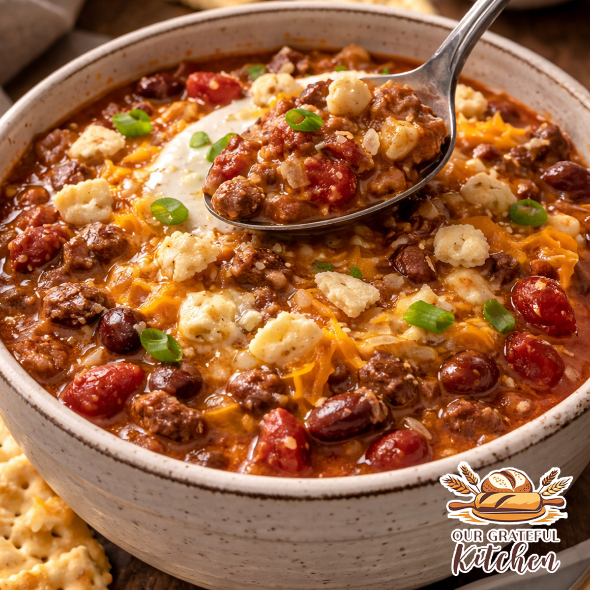 Spoon lifting thick homemade crockpot chili with melted cheese, sour cream, and oyster crackers