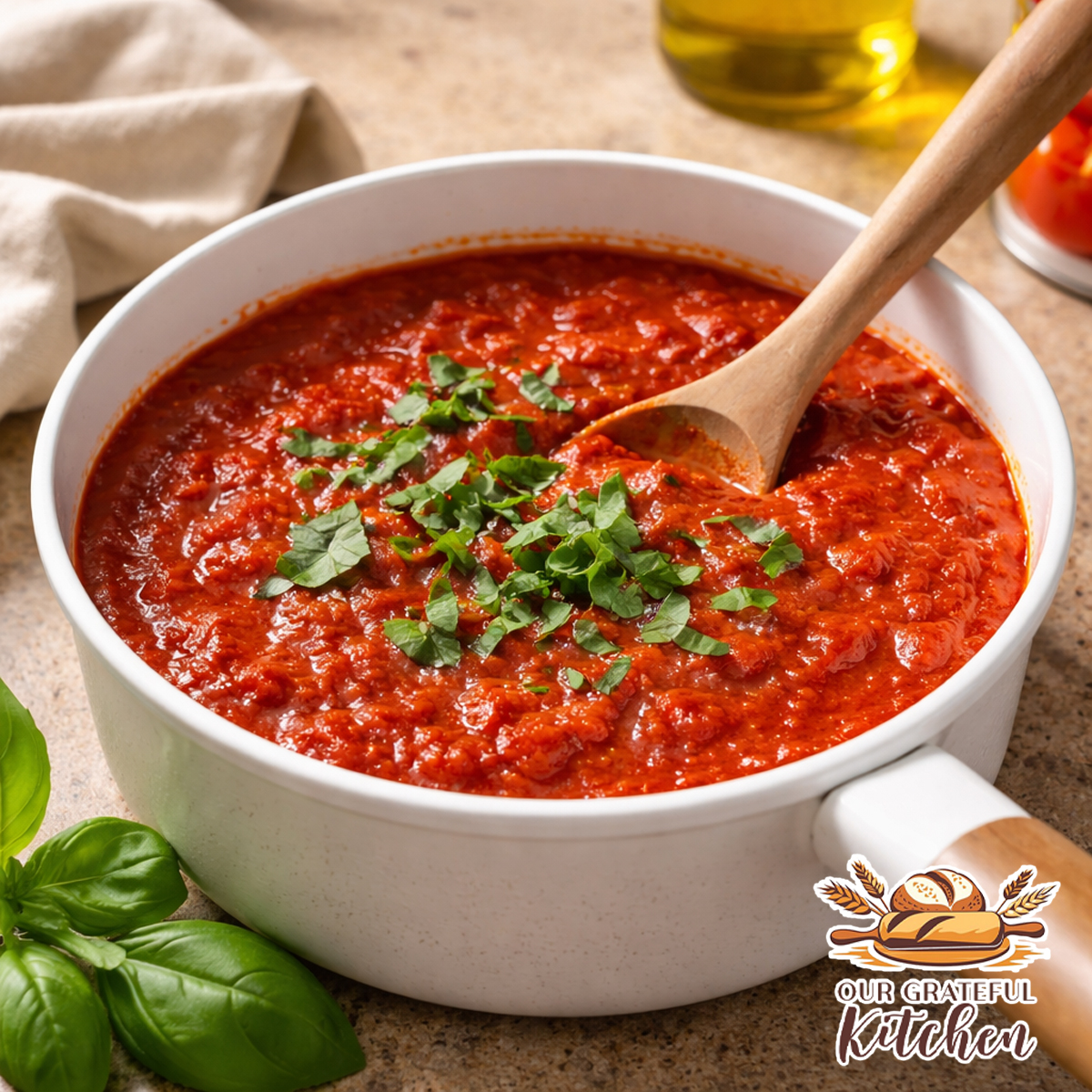 Homemade marinara sauce with fresh basil in a white saucepan on a warm kitchen countertop