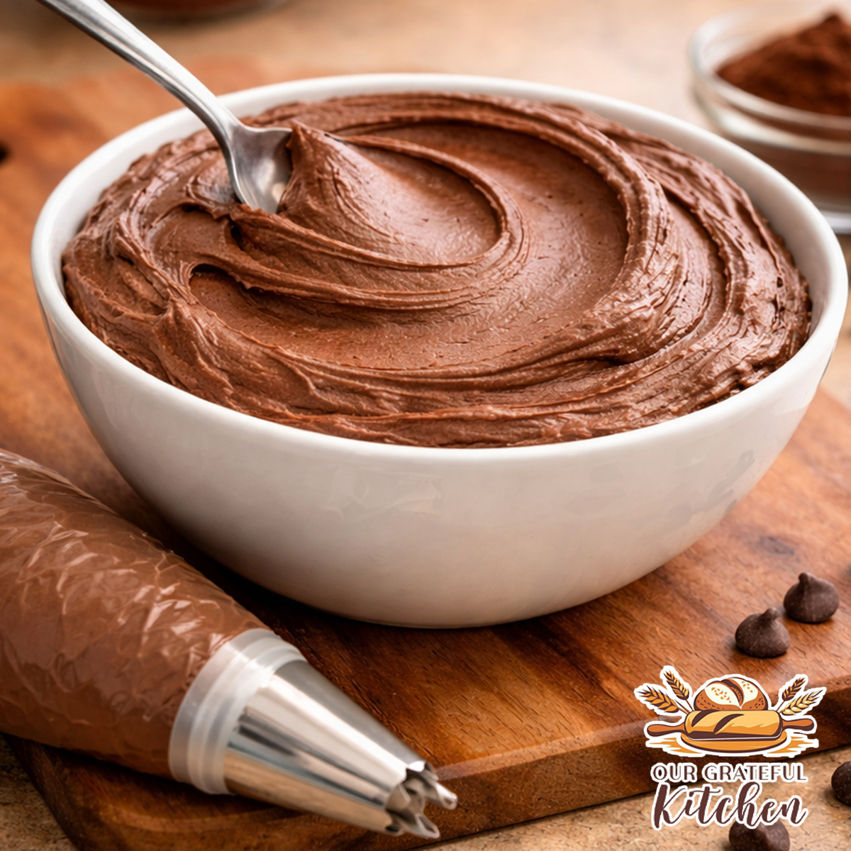 Bowl of chocolate buttercream frosting with spoon swirl and piping bag on wooden cutting board in home kitchen