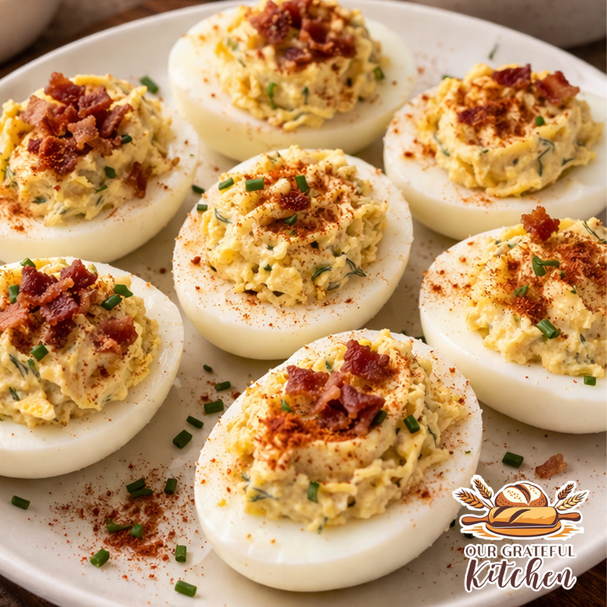 Classic deviled eggs topped with paprika, bacon, and chives on a white plate