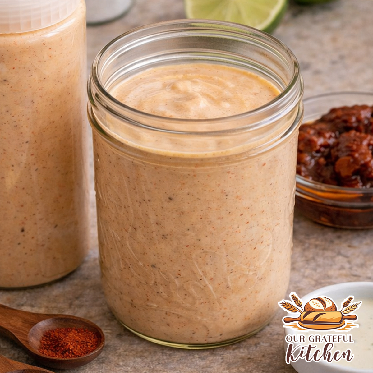 creamy homemade baja chipotle sauce in a mason jar and squeeze bottle with chipotle peppers lime and spices on kitchen countertop
