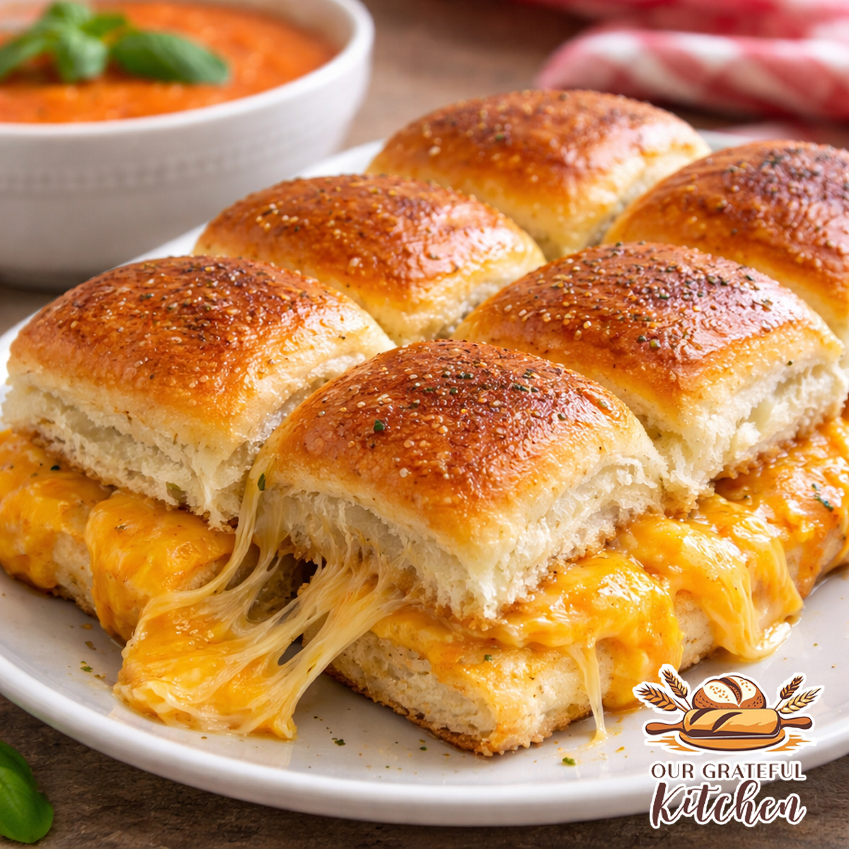 Grilled cheese Hawaiian roll sliders with melted cheese served on a plate with tomato soup