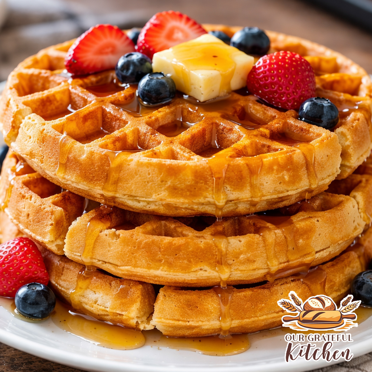 Stack of golden sourdough discard waffles on a white plate with butter, syrup, and berries in a cozy home kitchen.