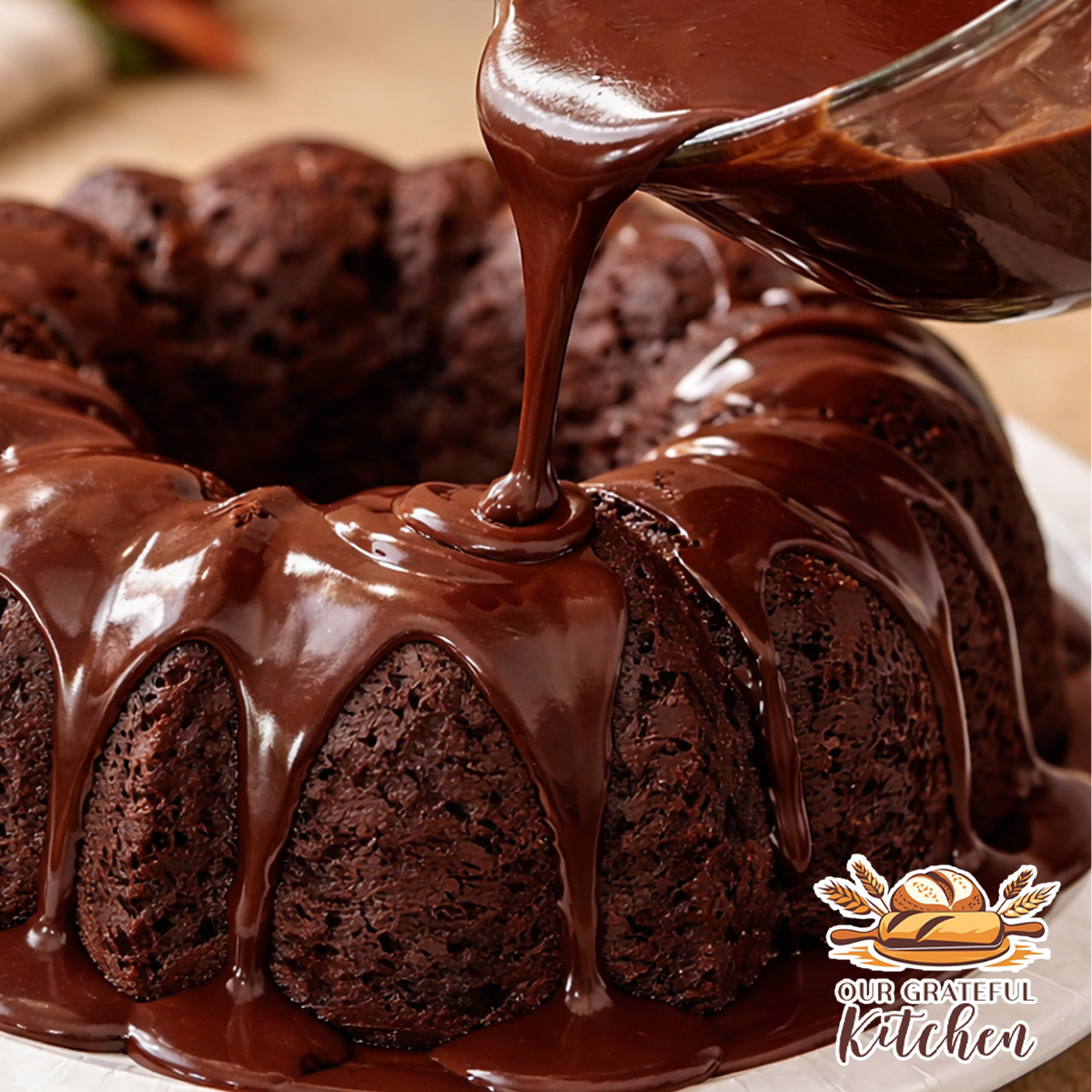 Chocolate ganache being poured over a chocolate Bundt cake
