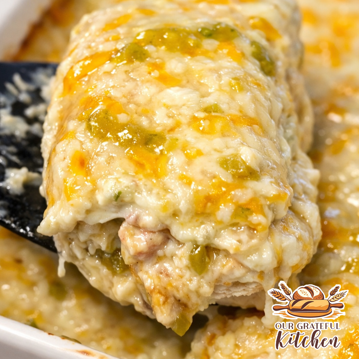 Creamy white chicken enchiladas baked and ready to serve.