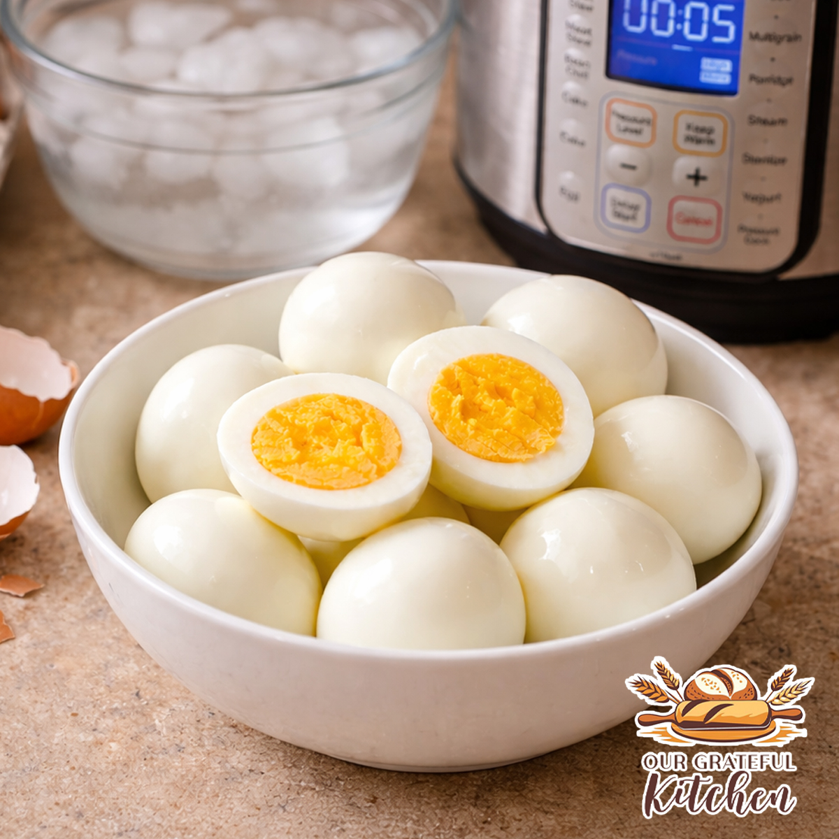 Instant Pot hard boiled eggs in a bowl with smooth easy peel shells and bright yellow yolks