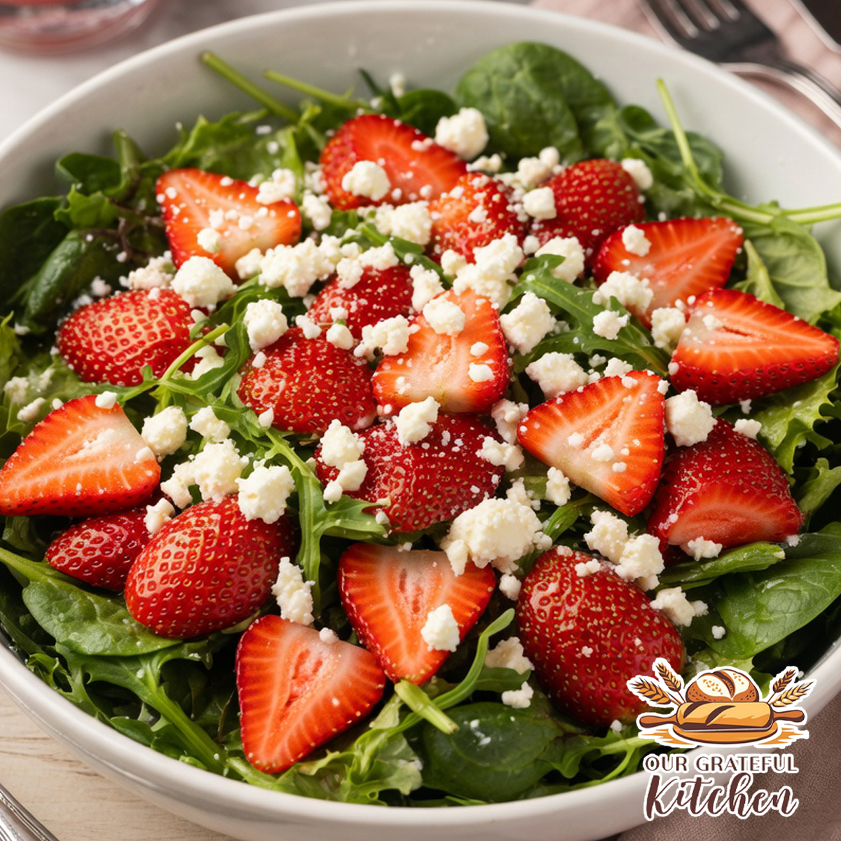 Fresh strawberry salad with spinach, arugula, and crumbled feta in a white bowl