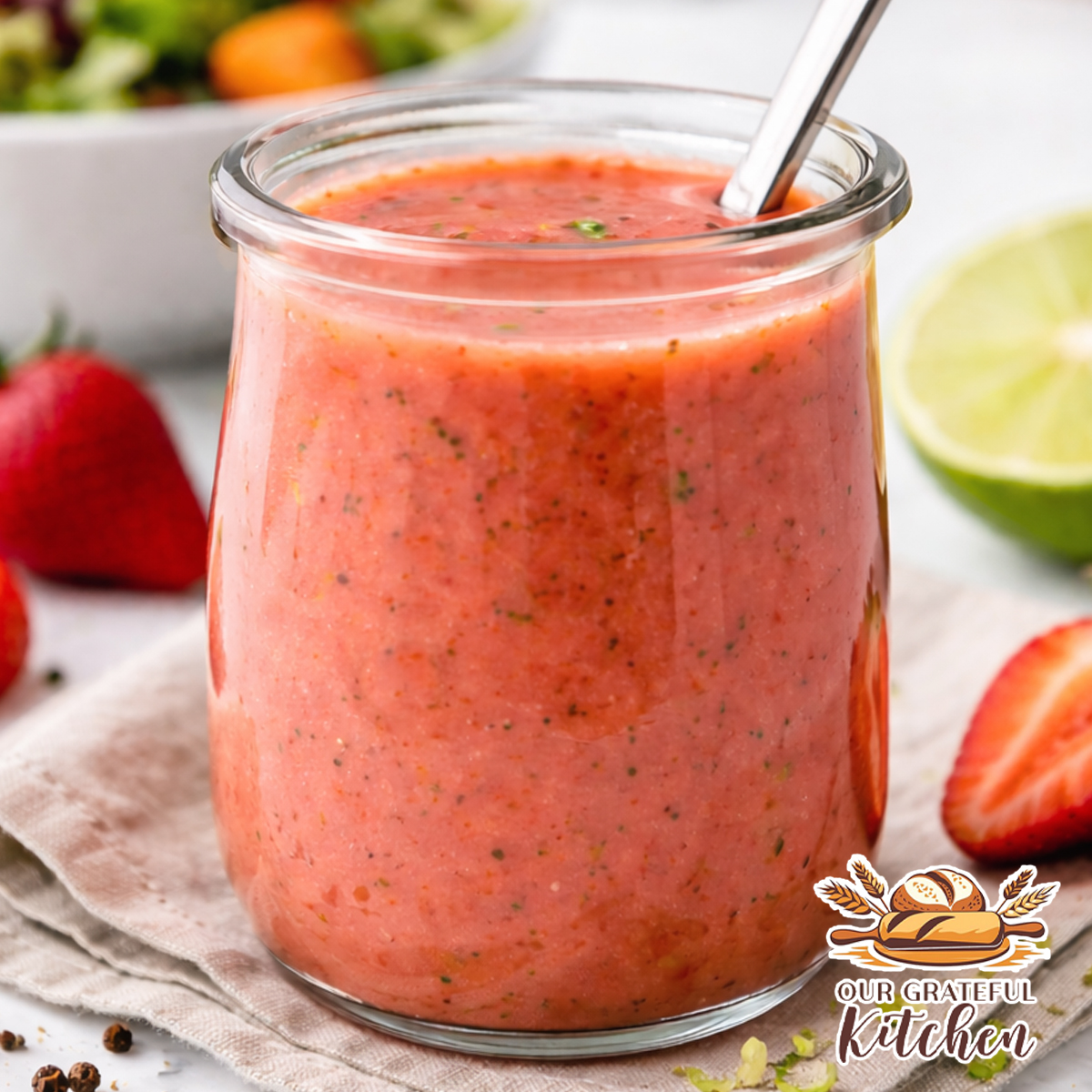 Homemade strawberry vinaigrette dressing in a glass jar with fresh strawberries and lime on a kitchen countertop