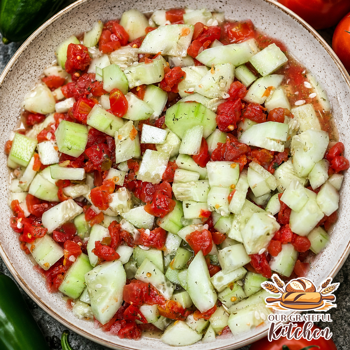 Bowl of cucumber salsa made with diced cucumbers, Rotel tomatoes, ranch seasoning, dill, and vinegar served as a fresh summer appetizer.