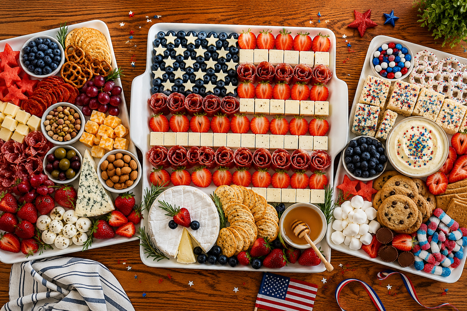 Three Fourth of July charcuterie boards featuring patriotic appetizers, grazing boards, and dessert charcuterie with fresh fruit, cheese, meats, crackers, cookies, and red, white, and blue treats.