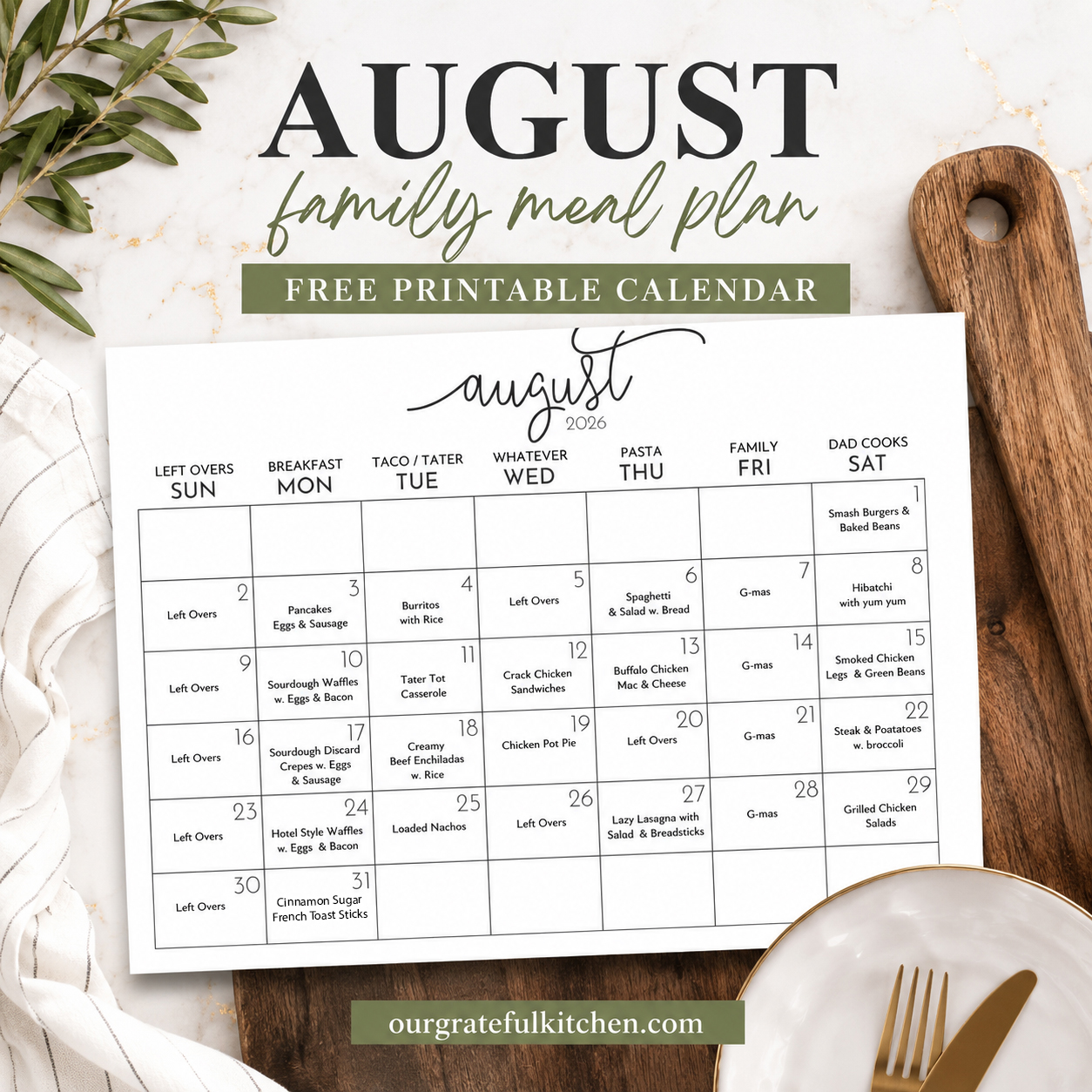 August 2026 family meal plan with a free printable monthly menu calendar displayed on a cozy kitchen countertop for organizing easy family dinners and meal planning.