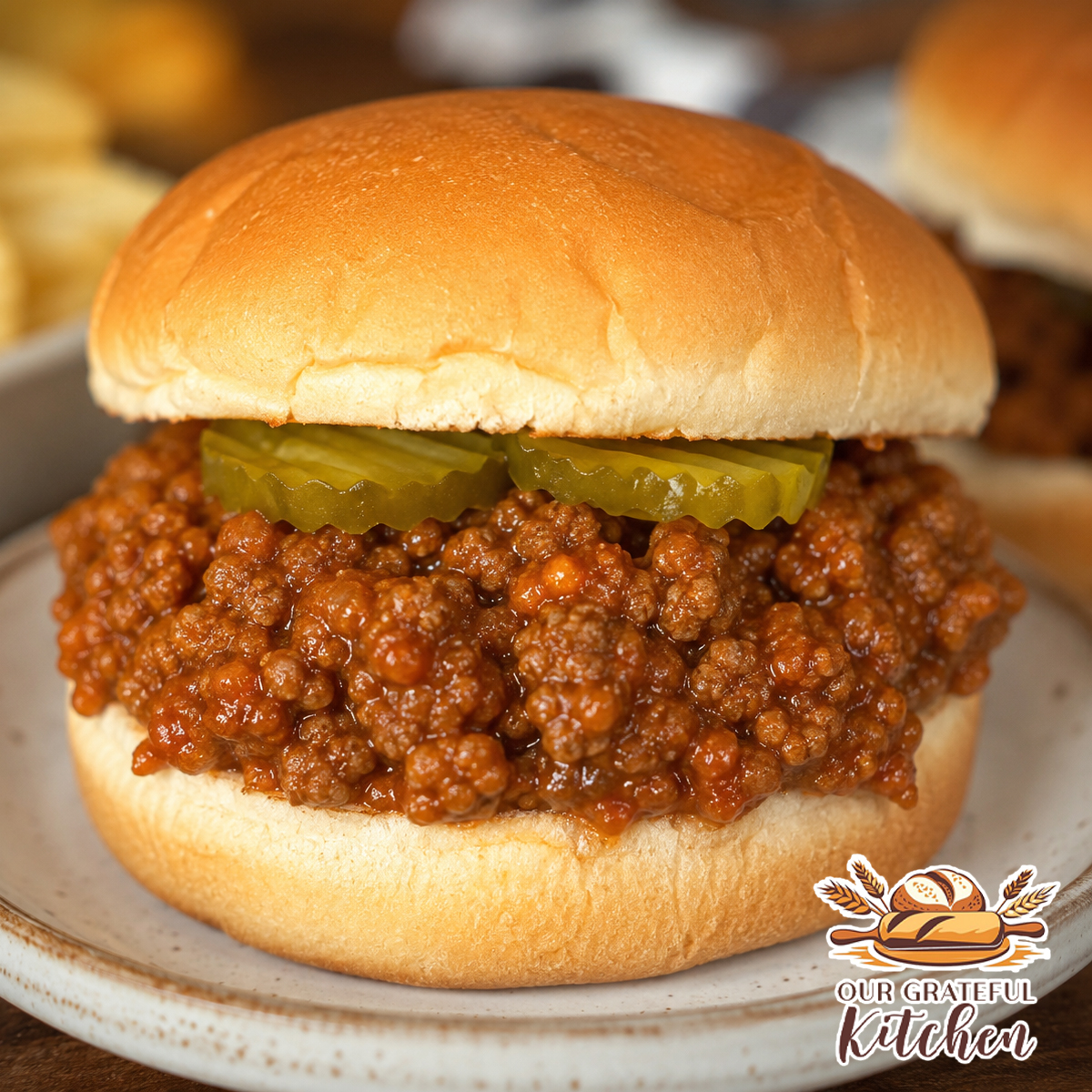 Easy homemade sloppy joe sandwich on a toasted hamburger bun with saucy ground beef and pickle slices.