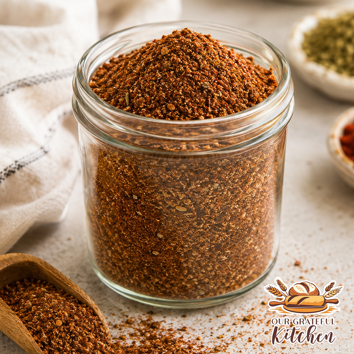 Homemade chili seasoning mix in a clear glass jar with a wooden scoop on a light kitchen countertop.