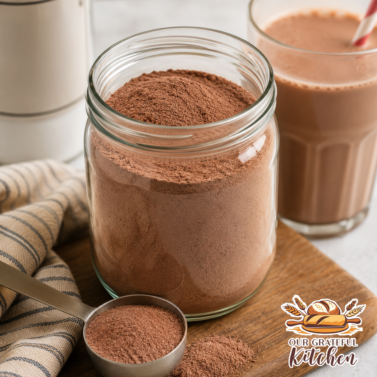 A glass jar filled with homemade chocolate milk mix beside a scoop of the mix and a glass of creamy chocolate milk on a wooden board.