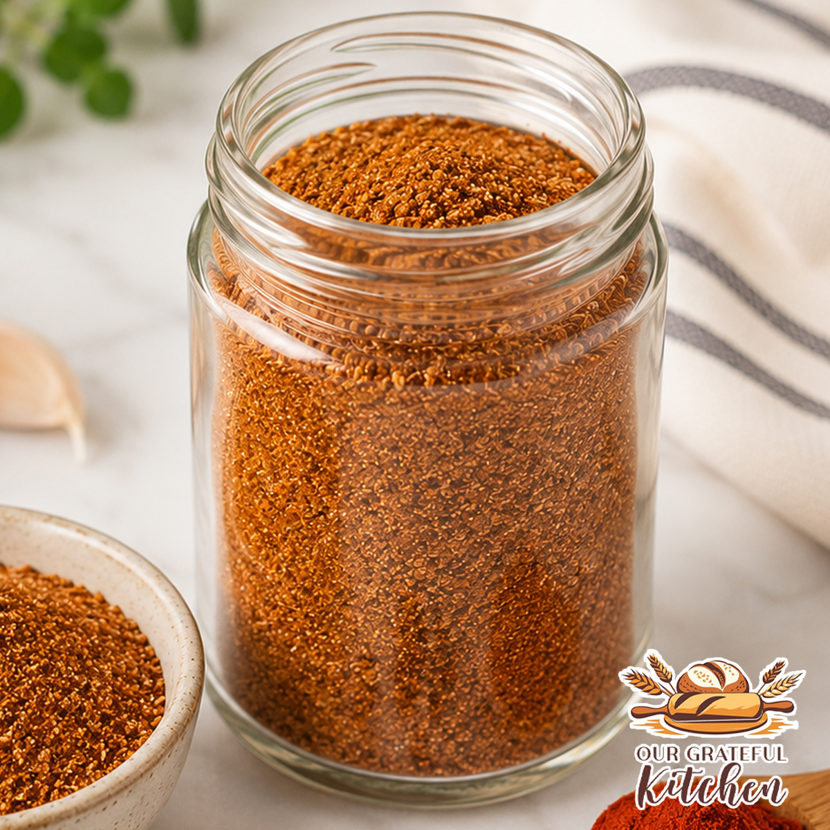 Homemade seasoned salt in an unlabeled glass spice jar with a small wooden bowl of seasoning, paprika, black peppercorns, garlic powder, and garlic cloves on a classic white marble countertop.