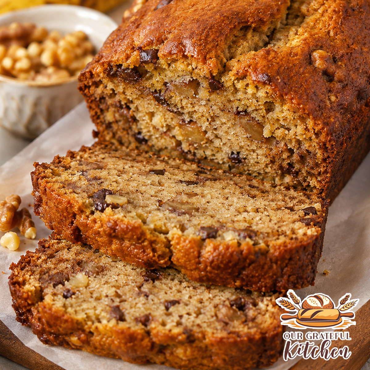 Moist one bowl banana bread sliced on a wooden cutting board with ripe bananas and mini chocolate chips in the background.