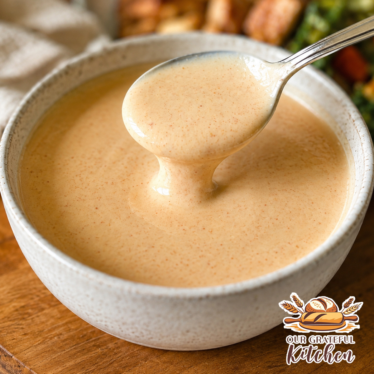 Homemade Yum Yum Sauce in a bowl with a spoon, served with hibachi chicken and vegetables