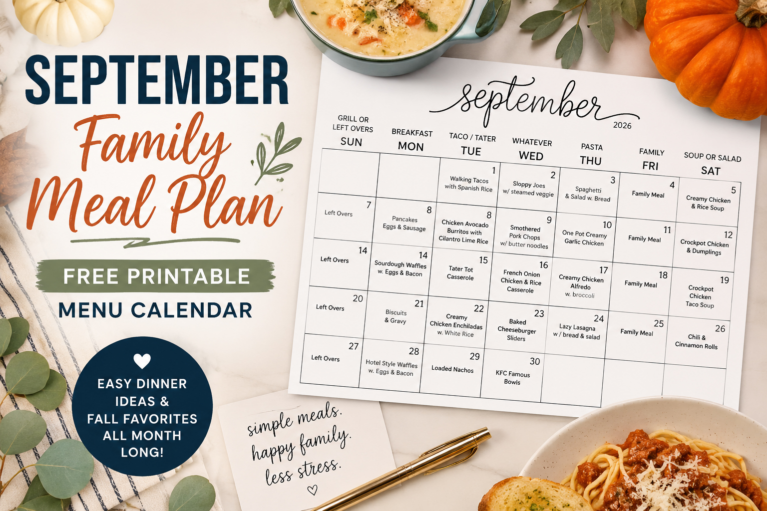 September 2026 Family Meal Plan (Free Printable Monthly Menu Calendar)